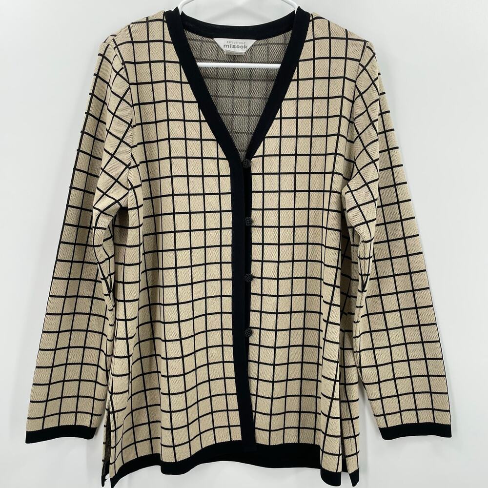 Misook Women's Cardigan Sweater, Sz. L Neutral Preppy Minimalist Windowpane‎